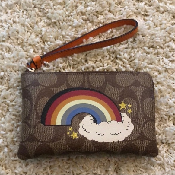 NWOT Coach Wristlet Wallet With Rainbow Print Brown MultiColors - Picture 1 of 4